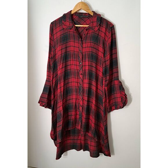 Zara womens medium shirt dress red plaid baloon sleeve peasant boho beach flowy - Picture 1 of 6
